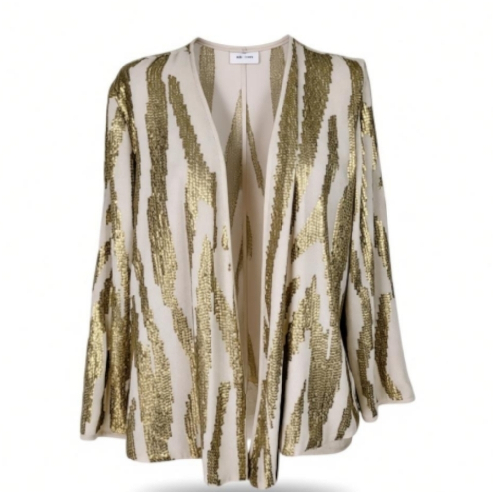 Chicos Artisan Zebra Jacket Size 2 L 12 Cream Gold Sequins Open Front Lined New